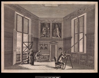 Three figures using astronomical equipment in the Great Star Room or the Octagon Room, as it is known today, at the Royal Observatory., c.1676 by Francis Place