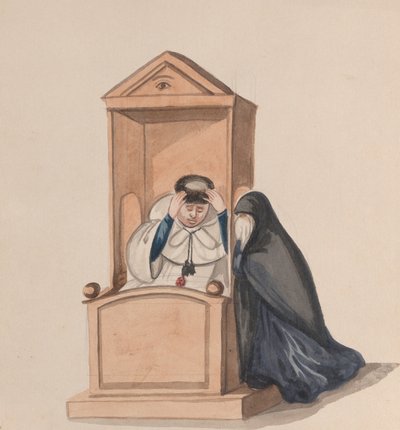 A woman confessing to a priest, from a group of drawings depicting Peruvian costume, ca. 1848 by Francisco