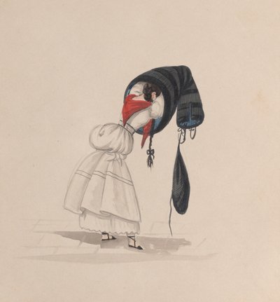A woman putting on her saya, viewed from behind by Francisco