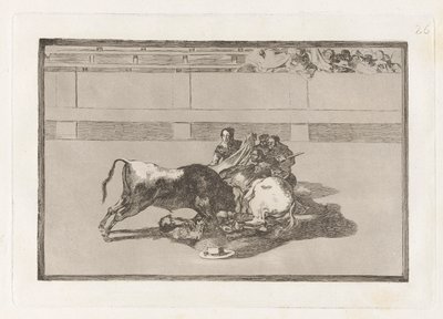 A Picador is Unhorsed and Falls Under the Bull, Plate 26 from La Tauromaquia by Francisco de Goya