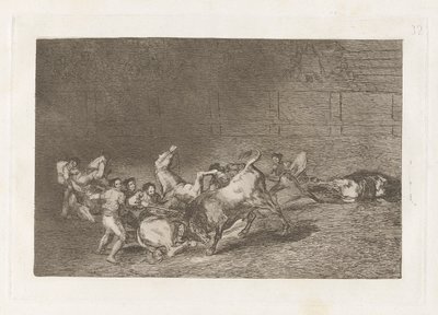 Two Teams of Picadors Thrown One After the Other by a Single Bull, Plate 32 from La tauromaquia by Francisco de Goya