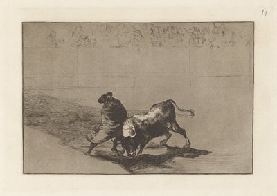 The Very Skillful Student of Falces, Wrapped in His Cape, Tricks the Bull with the Play of His Body, Plate 14 from La Tauromaquia by Francisco de Goya