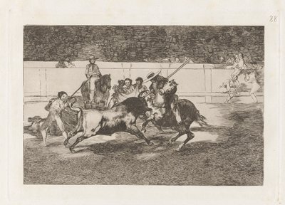 The Forceful Rendon Stabs a Bull with the Pique, from which Pass He Died in the Ring of Madrid, Plate 28 from La tauromaquia by Francisco de Goya
