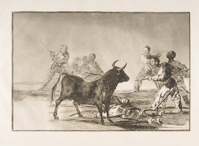 Plate 12 from the Tauromaquia: The Crowd Hamstrings the Bull with Lances, Sickles, Banderillas, 1816 by Francisco de Goya