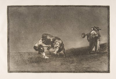 Plate 16 of the Tauromaquia: The same man throws a bull in the ring at Madrid by Francisco de Goya