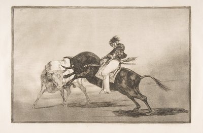 Plate 24 of the Tauromaquia: The same Ceballos mounted on another bull breaks short spear, 1816 by Francisco de Goya