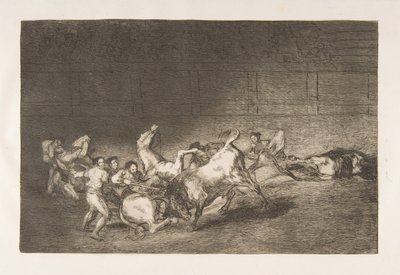 Plate 32 from the Tauromaquia: Two Teams of Picadors Thrown One After the Other by a Single Bull by Francisco de Goya