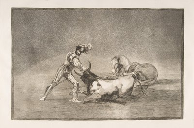 Plate 9 of the Tauromaquia: A Spanish knight kills the bull after having lost his horse, 1816 by Francisco de Goya