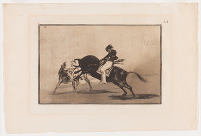 Plate 24 from La Tauromaquia: The Same Ceballos Mounted on Another Bull Breaks Short Spears in the Ring at Madrid by Francisco Jose de Goya y Lucientes