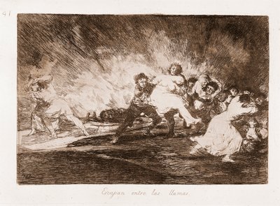 The Disasters of War: They Escape Through the Flames (etching from drawing) by Francisco de Goya