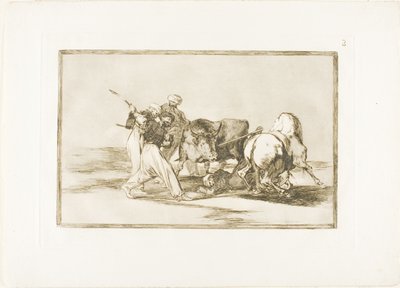 The Moors had settled in Spain, giving up the superstitions of the Koran, adopted this art of hunting, and spear a bull in the open, plate three from The Art of Bullfighting by Francisco Jose de Goya y Lucientes