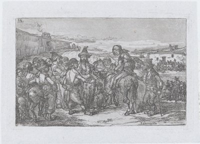 Plate 14: a large group of people outdoors, possibly a troupe of actors, from the series by Francisco Lameyer Berenguer