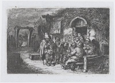 Plate 18: street musicians and other figures outside a tavern, from the series of customs by Francisco Lameyer Berenguer