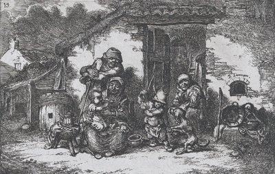 Plate 19: a family and a boy playing with a dog outside a house, from the series of customs, 1850 by Francisco Lameyer Berenguer