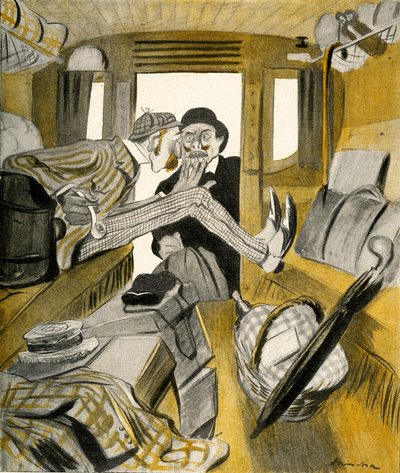 An Englishman stops a Frenchman from sitting in the free seat on the train, 1903 by Francisco Sancha y Lengo