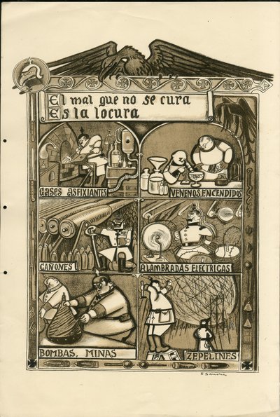 Illustration by Francisco Sancha Lengo - Flying leaf, circa 1915 - El mal que no se cura es la locura - War of 14-18, Germany Prussia, Asphixiant gas, Spanish language, Foreign press by Francisco Sancha y Lengo