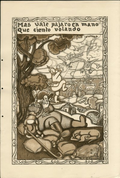 Illustration of Francisco Sancha Lengo - Flying leaf, ca. 1915 - Mas vale pajaro en mano que ciento volando - War of 14-18, Germany Prussia, Belligerents and symbols, Victory, Peace, Spanish language, Foreign press by Francisco Sancha y Lengo