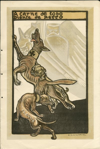 Illustration of Francisco Sancha Lengo - Flying leaf, circa 1915 - A carne de lobo diente de perro - War of 14-18, Germany Prussia, England Great Britain, Belligerents and symbols, France, Spanish Language, Foreign Press - William II, Dog, Hid by Francisco Sancha y Lengo