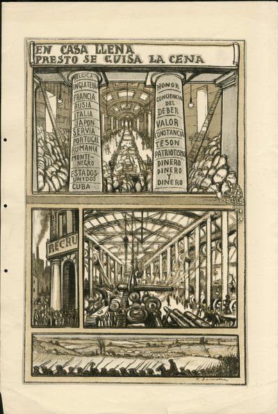 Illustration - Flying leaf, circa 1915 - En casa llena presto se guisa la cena - War of 14-18, Cannons, shells, Industrial Factories, Spanish language, Mobilization, Foreign press by Francisco Sancha y Lengo
