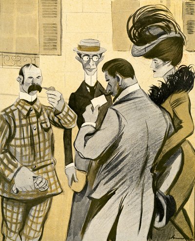 Two Englishmen clumsily ask a glamorous French couple for directions in bad French, 1903 by Francisco Sancha y Lengo