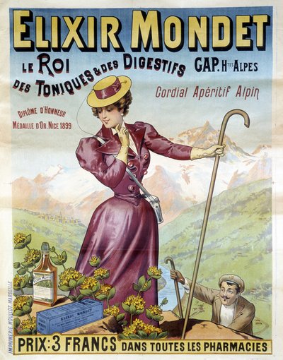 Advertising Poster of 1900 for the Elixir Mondet “the King of Tonics and Digestives, Cordial Aperitif Alpine” by Francisco Tamagno
