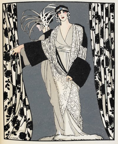 Blanc et noir. A woman wearing a costume designed in 1855 by John Redfern, illustration from 