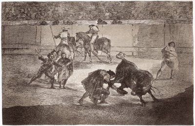 Bullfighting: a bullfighter enters the arena to kill the bull with a hat instead of the muleta by Francisco de Goya