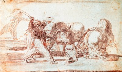 Bullfighting: the Moors who resided in Spain, disregarding the superstitions of the Koran, adopted this art of hunting by throwing spears in the open air by Francisco de Goya