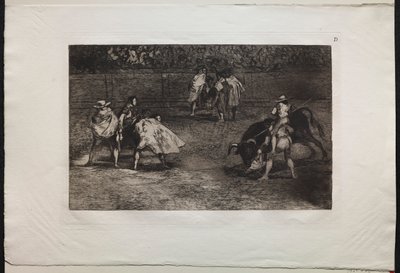 Bullfights: A Bullfighter Mounted on the Shoulders of an Assistant, Spearing a Bull by Francisco de Goya