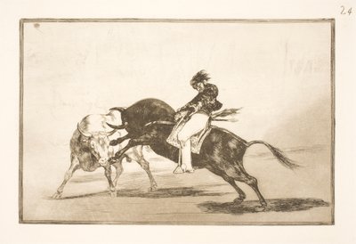 The Same Ceballos, Sitting on the Back of Another Bull, Breaking Short Spears in the Arena in Madrid by Francisco de Goya