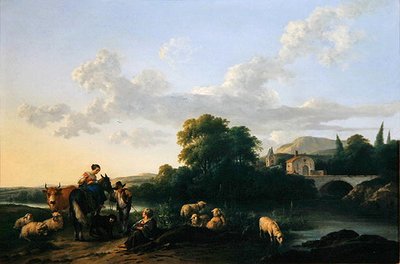 Peasants and Cattle in an Italinate Landscape by Franciscus Xaverius Xaverij