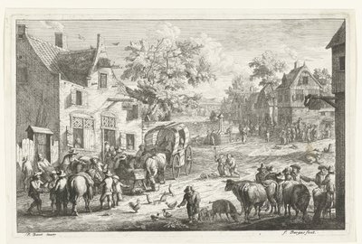 Village Scene with Travelers and Cattle Traders at an Inn by Franciscus de Bargas