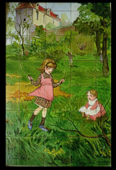 Tiles decorated with children playing in a garden by Francisque Poulbot