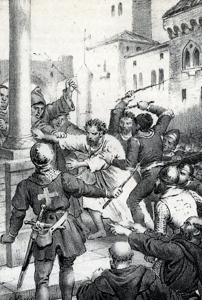 Penance of Raymond VI, count of Toulouse - Raymond VI Comte de Toulouse, excommunicated by Pope Innocent III for not pursuing the Cathars, accused of being the instigator of the assassination of Pierre de Castelnau, made hon by Franco Mistrali