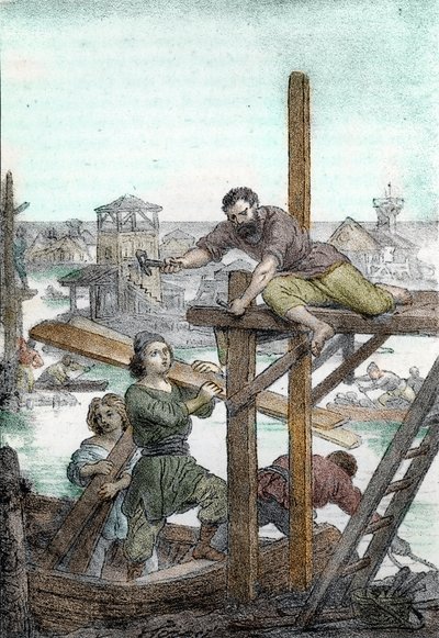 Foundation of Venice by the refugees hunted away by the barbarian of Attila, 5th century by Franco Mistrali