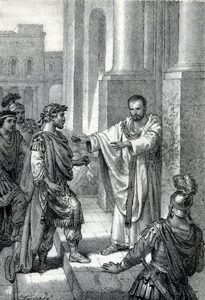 Saint Ambrose of Milan prohibited the entrance of the church to Roman Emperor Theodosius I to punish him for the massacre of Thessalonica in 390 by Franco Mistrali