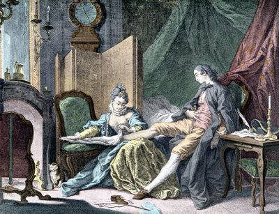 La Courtesan amoureuse: Woman removing the bottom of a man - engraving by ap. Butcher by Francois (after) Boucher