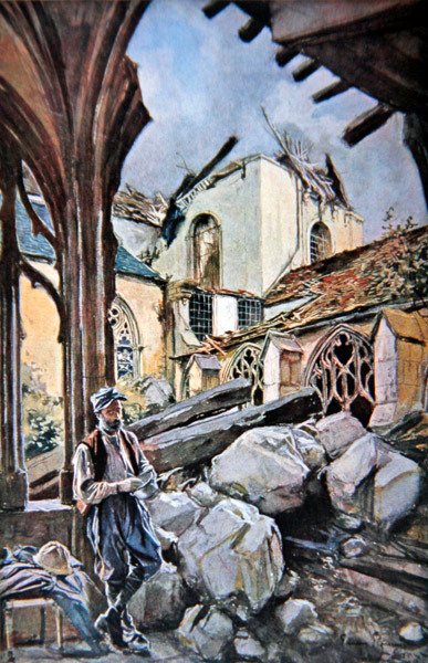 Battle of Verdun: French soldier eats his rations in a ruined cloister of the cathedral by Francois (after) Flameng