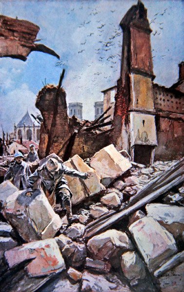 Battle of Verdun: French troops move among ruined ramparts by Francois (after) Flameng