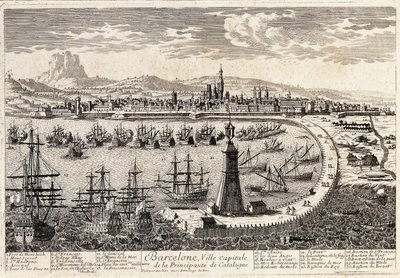 View of the city and the port of Barcelona in the 18th century. Engraving by Francois Antoine Aveline. Barcelona, Museu d