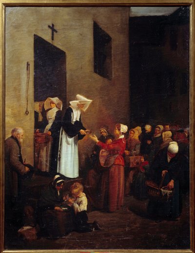 Charity. Nuns distribute food to the poor on the street by François Bonvin
