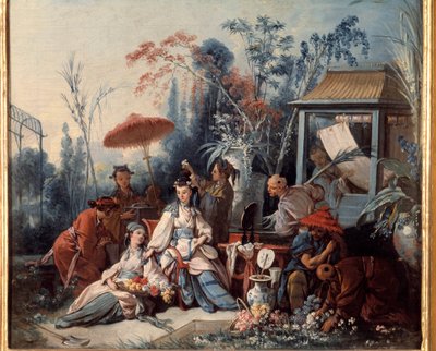 Chinese Garden Scene of Chinoiseries Depicting a Young Woman Surrounded by Servants by François Boucher