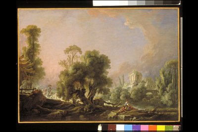 Idyllic Landscape With Woman Fishing by François Boucher
