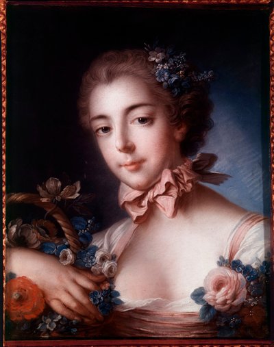 Portrait of a young woman leaning on a basket of flowers by François Boucher