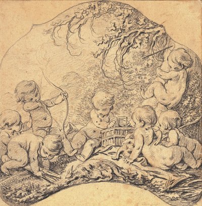 Putti in a Landscape Shooting Arrows and Opening a Cage, a Hunting Trophy in the Foreground by François Boucher