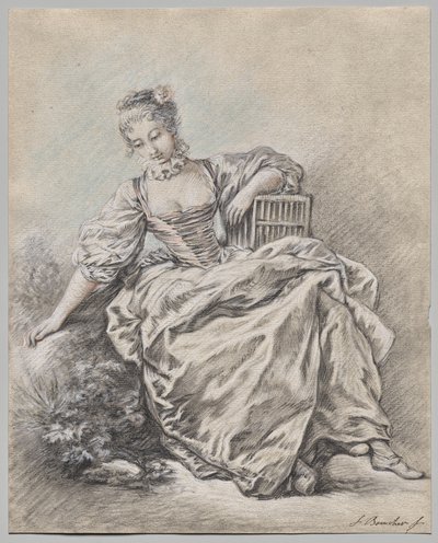 Seated Woman Holding a Bird Cage by François Boucher