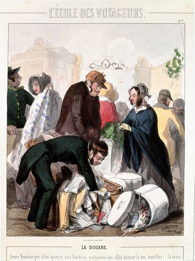 Customs control of the dowry of an heiress who was going to marry a young man. Colour engraving by Francois Bouchot, circa 1830 by Francois Bouchot
