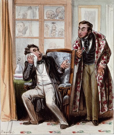 Dentist. Cartoon of a patient with a rage of teeth came to consult a dentist. Engraving by Bouchot, circa 1830 by Francois Bouchot