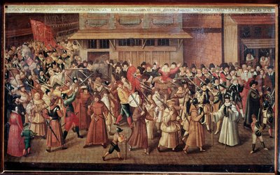French Wars of Religion: armed procession of The Catholic League of France in the streets of Paris by Francois Bunel