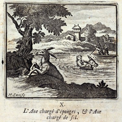 The Donkey Loaded with Sponges and the Donkey Loaded with Salt. Fables by Jean de La Fontaine. Illustration by François Chauveau. Edition of 1728 by Francois Chauveau